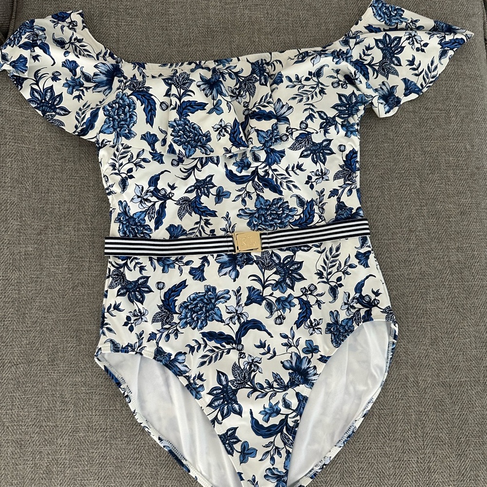 Polo by Ralph Lauren Blue Floral Off-Shoulder Swimsuit